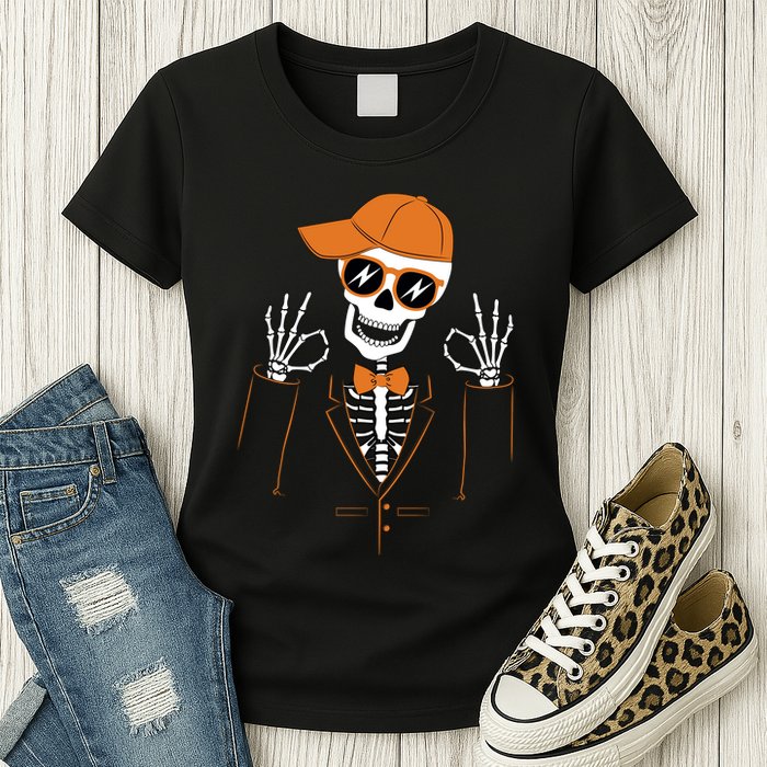 Funny Halloween Skeleton Hipster Bowtie Tuxedo Tux Womens T-Shirt