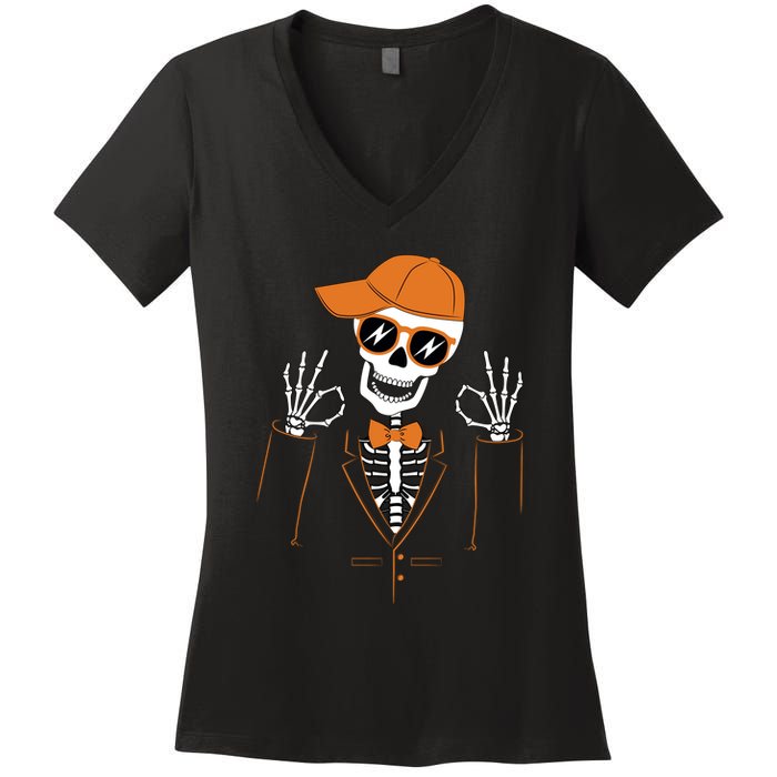 Funny Halloween Skeleton Hipster Bowtie Tuxedo Tux Women's V-Neck T-Shirt