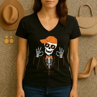 Funny Halloween Skeleton Hipster Bowtie Tuxedo Tux Women's V-Neck T-Shirt