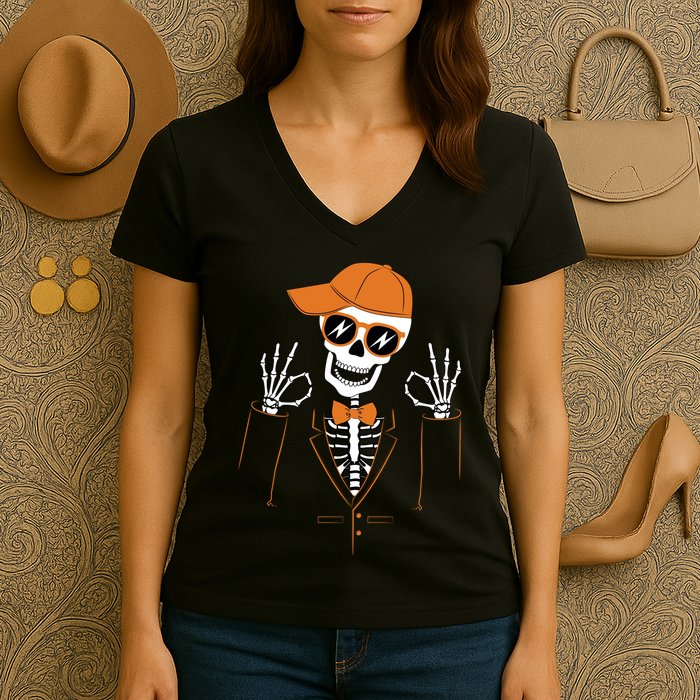 Funny Halloween Skeleton Hipster Bowtie Tuxedo Tux Women's V-Neck T-Shirt