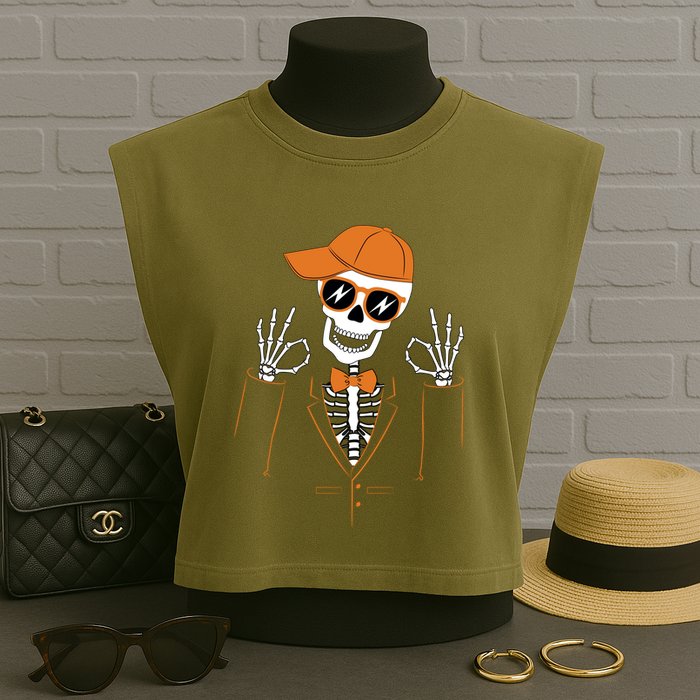Funny Halloween Skeleton Hipster Bowtie Tuxedo Tux Garment-Dyed Women's Muscle Tee