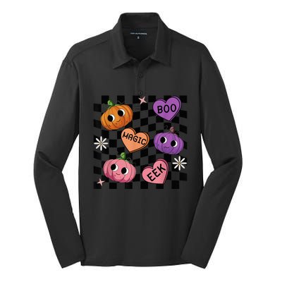 Funny Halloween Spooky Vibes Pumpkin Heart Boo Magic Checked Silk Touch Performance Long Sleeve Polo