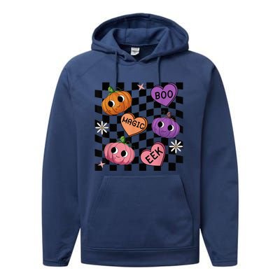 Funny Halloween Spooky Vibes Pumpkin Heart Boo Magic Checked Performance Fleece Hoodie