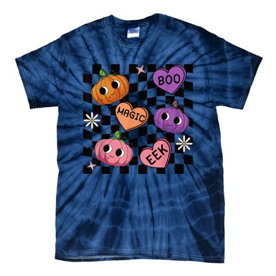 Funny Halloween Spooky Vibes Pumpkin Heart Boo Magic Checked Tie-Dye T-Shirt