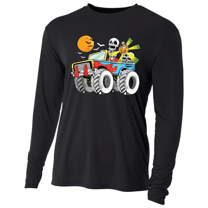 Funny Halloween Skeleton MonsterTruck Kids Boy Cooling Performance Long Sleeve Crew