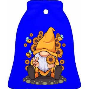 Funny Hippie Sunflower Gnome With Bee Flower Summer Design Gift Ceramic Bell Ornament