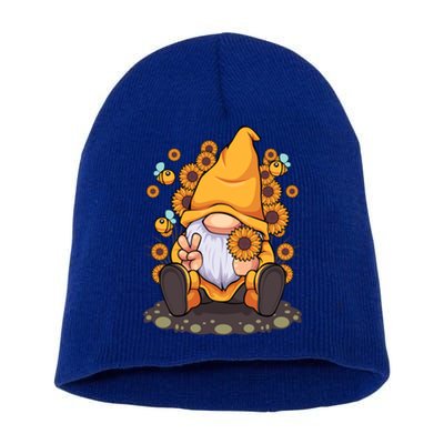 Funny Hippie Sunflower Gnome With Bee Flower Summer Design Gift Short Acrylic Beanie