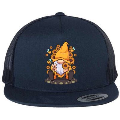 Funny Hippie Sunflower Gnome With Bee Flower Summer Design Gift Flat Bill Trucker Hat