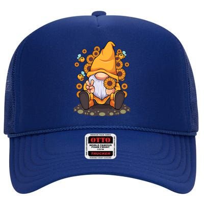 Funny Hippie Sunflower Gnome With Bee Flower Summer Design Gift High Crown Mesh Back Trucker Hat