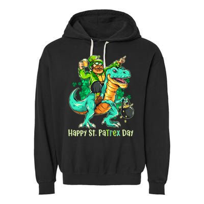 Funny Happy St. PaTREX Day Leprechaun Riding Trex Dinosaur Garment-Dyed Fleece Hoodie