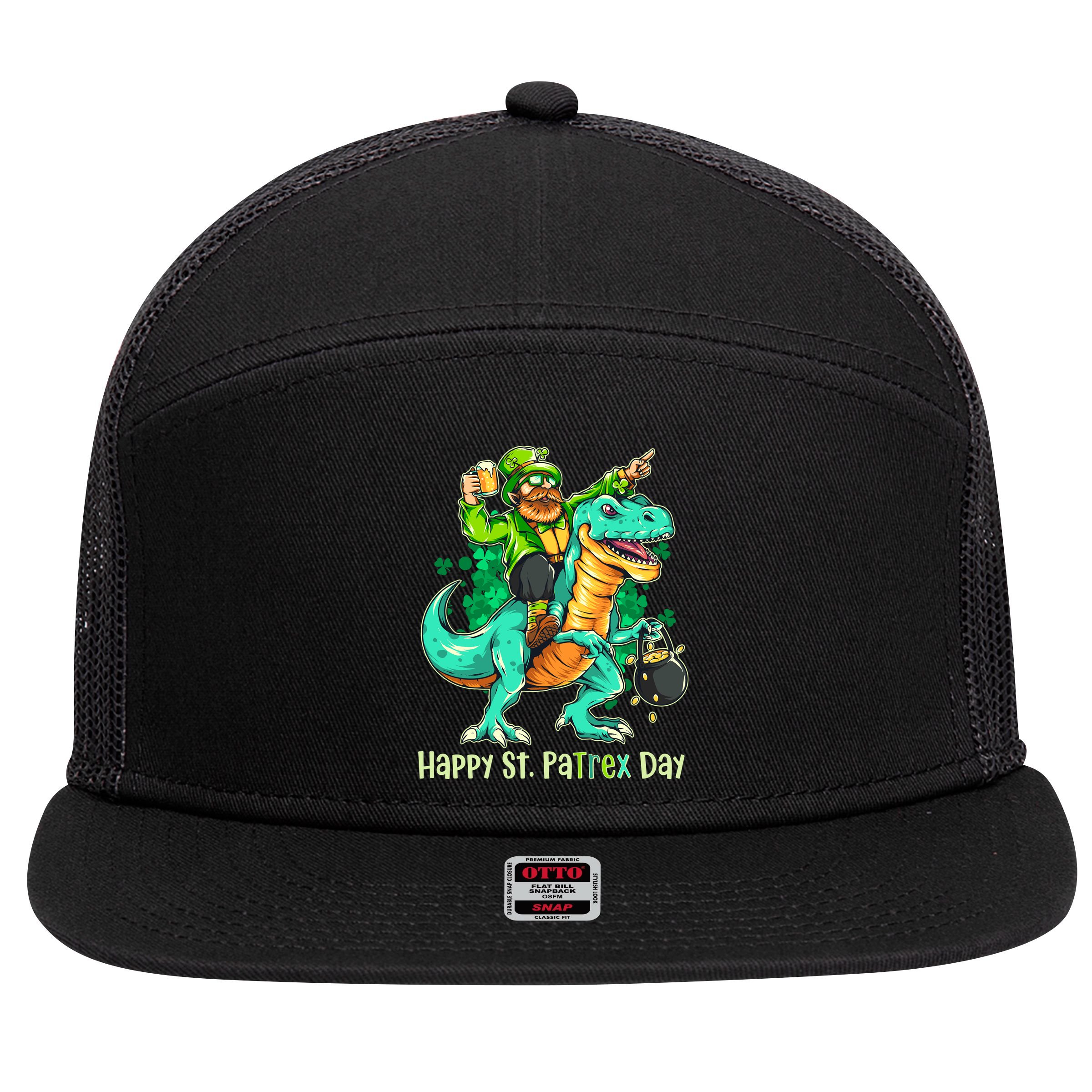 Funny Happy St. PaTREX Day Leprechaun Riding Trex Dinosaur 7 Panel Mesh Trucker Snapback Hat