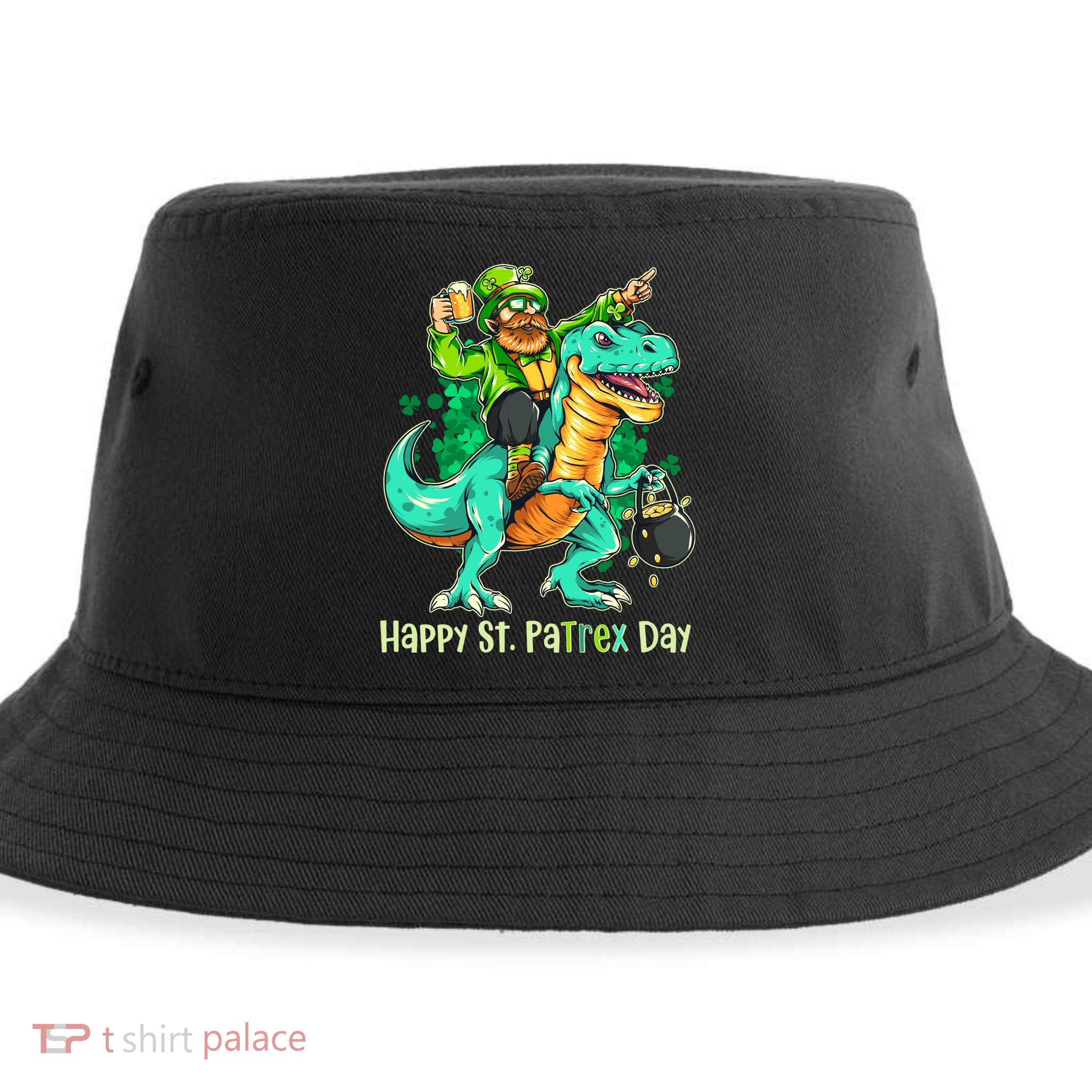 Funny Happy St. PaTREX Day Leprechaun Riding Trex Dinosaur Sustainable Bucket Hat