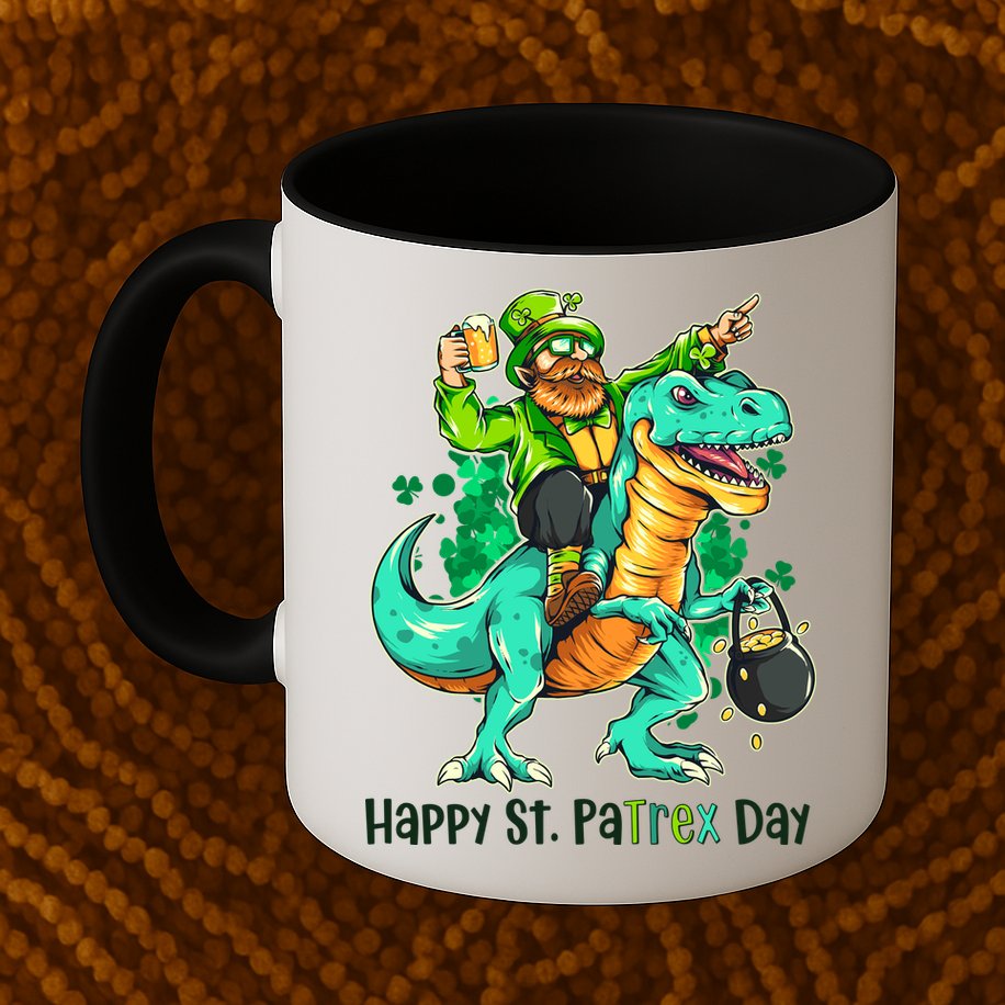 Funny Happy St. PaTREX Day Leprechaun Riding Trex Dinosaur Mug
