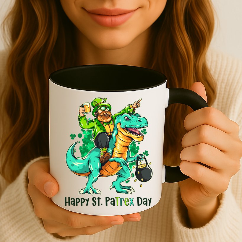 Funny Happy St. PaTREX Day Leprechaun Riding Trex Dinosaur Mug