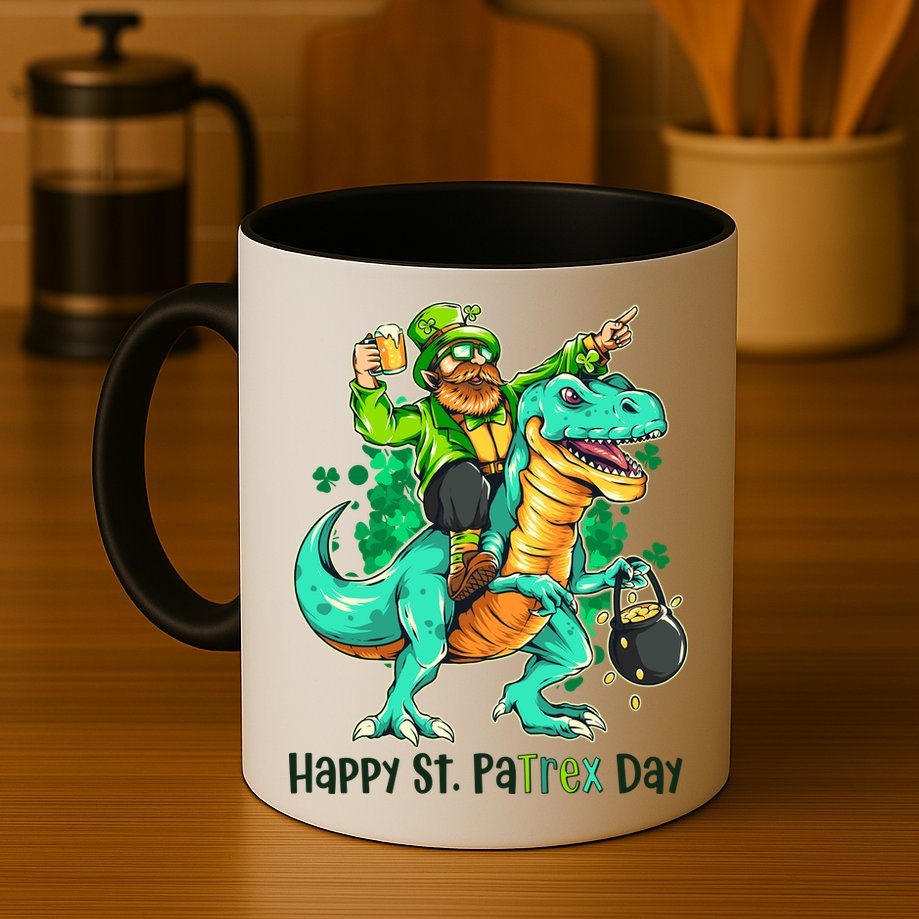 Funny Happy St. PaTREX Day Leprechaun Riding Trex Dinosaur Mug