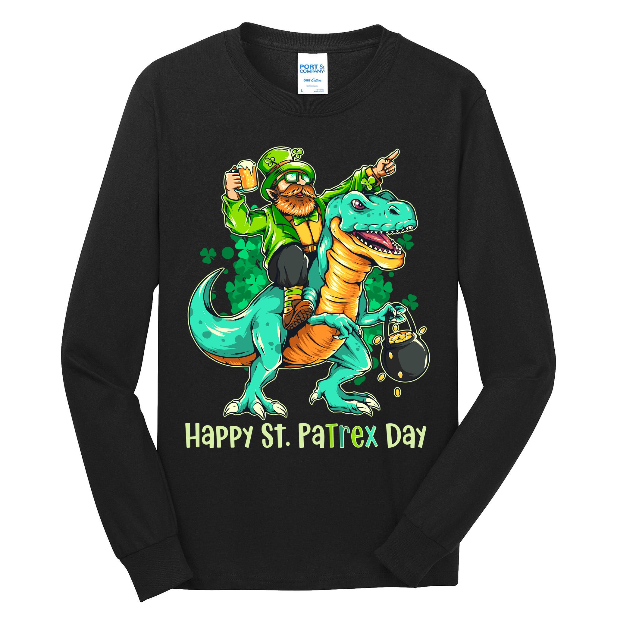 Funny Happy St. PaTREX Day Leprechaun Riding Trex Dinosaur Tall Long Sleeve T-Shirt