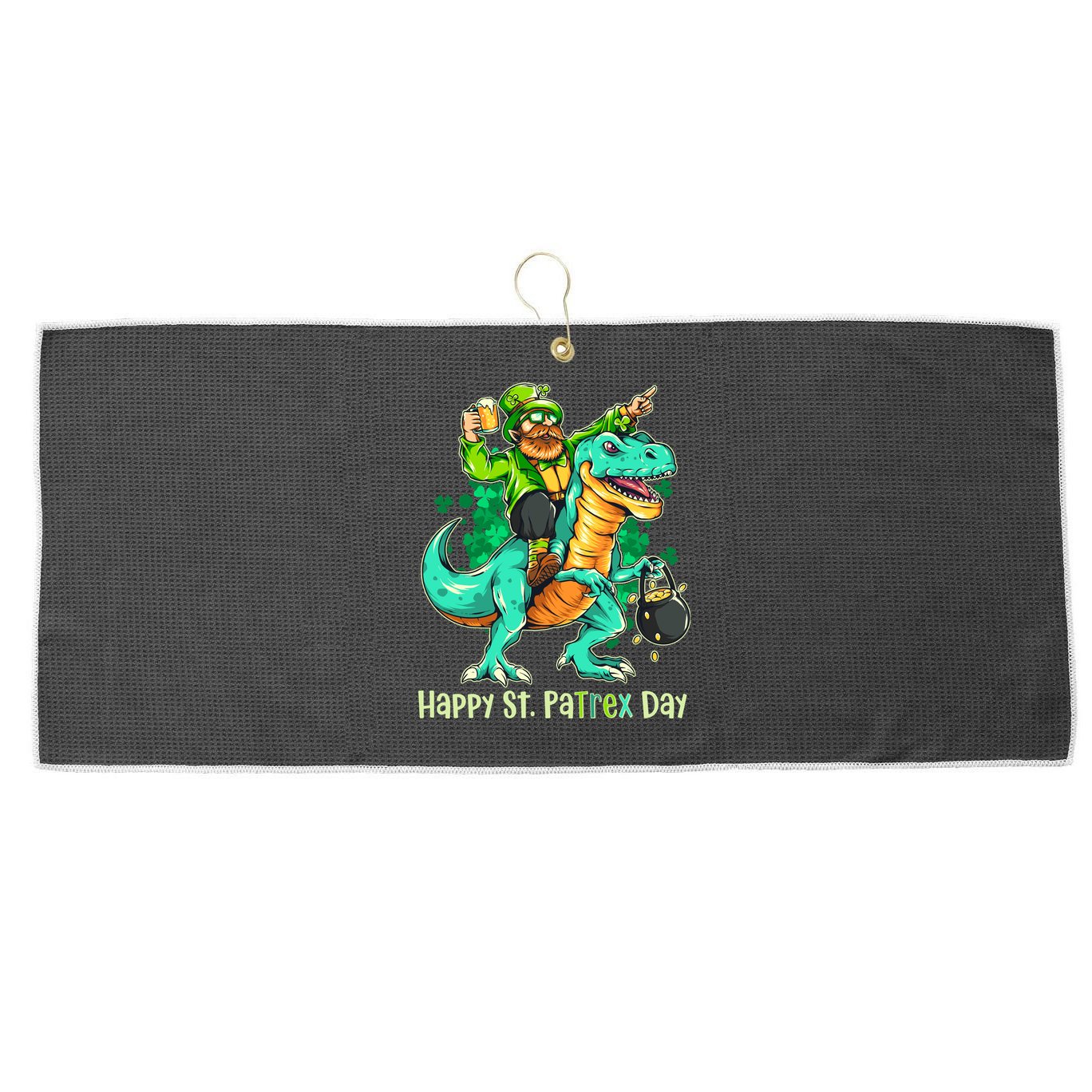 Funny Happy St. PaTREX Day Leprechaun Riding Trex Dinosaur Large Microfiber Waffle Golf Towel
