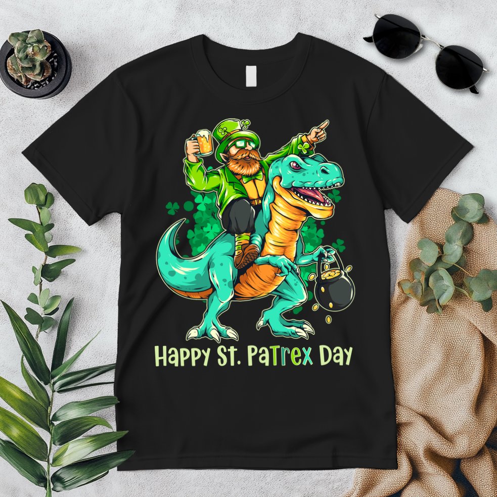 Funny Happy St. PaTREX Day Leprechaun Riding Trex Dinosaur Premium T-Shirt