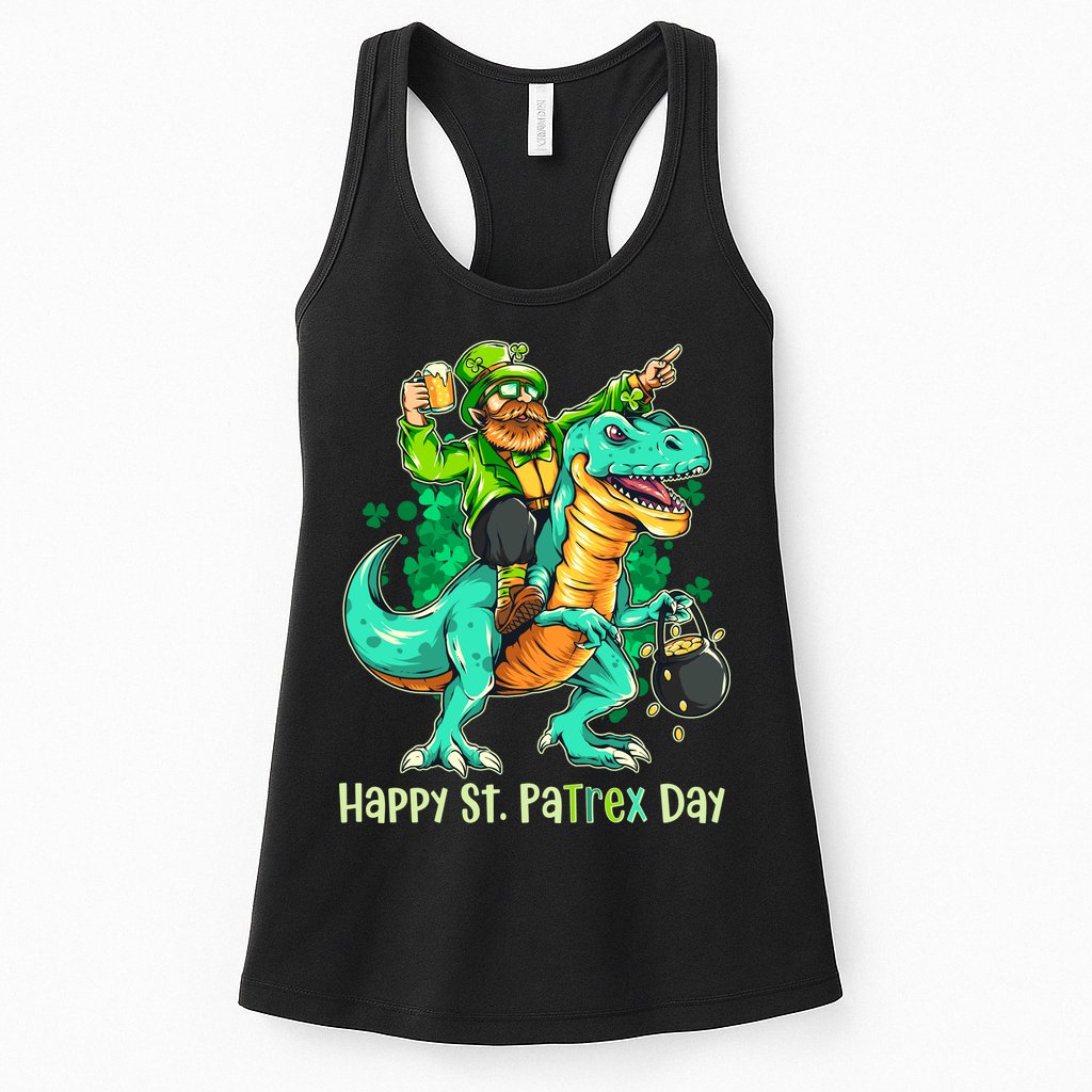 Funny Happy St. PaTREX Day Leprechaun Riding Trex Dinosaur Womens Tank Top