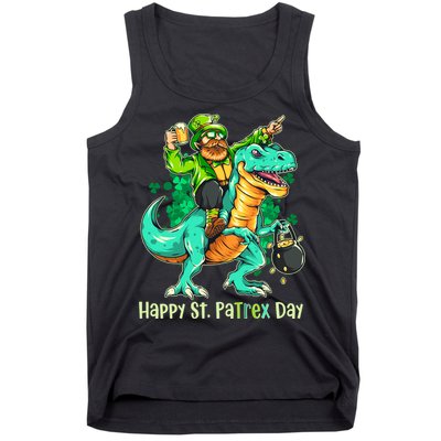 Funny Happy St. PaTREX Day Leprechaun Riding Trex Dinosaur Tank Top