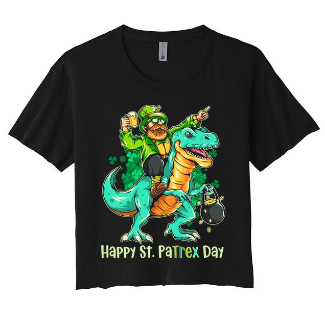 Funny Happy St. PaTREX Day Leprechaun Riding Trex Dinosaur Crop Top