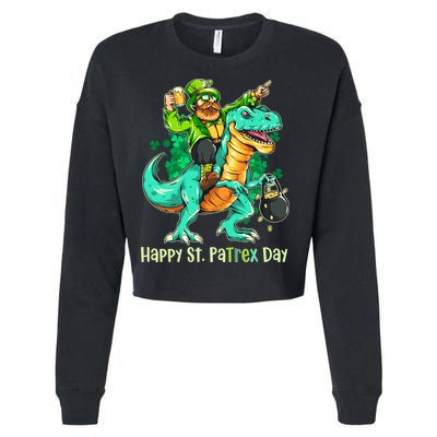 Funny Happy St. PaTREX Day Leprechaun Riding Trex Dinosaur Cropped Pullover Crew