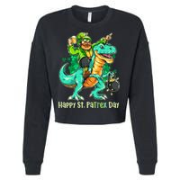 Funny Happy St. PaTREX Day Leprechaun Riding Trex Dinosaur Cropped Pullover Crew