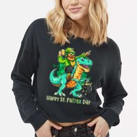 Funny Happy St. PaTREX Day Leprechaun Riding Trex Dinosaur Cropped Pullover Crew
