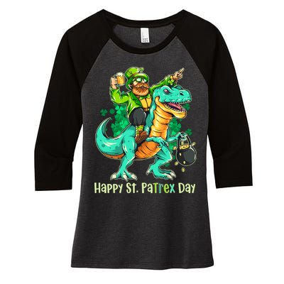 Funny Happy St. PaTREX Day Leprechaun Riding Trex Dinosaur Women's Tri-Blend 3/4-Sleeve Raglan Shirt