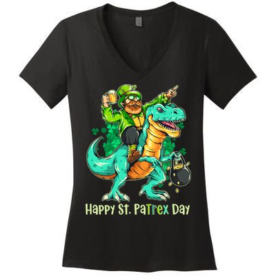 Funny Happy St. PaTREX Day Leprechaun Riding Trex Dinosaur Women's V-Neck T-Shirt