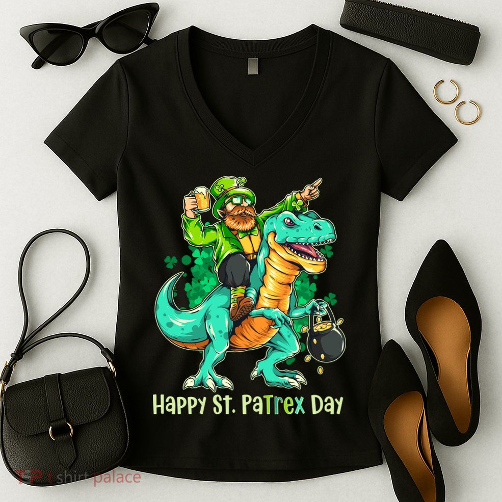 Funny Happy St. PaTREX Day Leprechaun Riding Trex Dinosaur Women's V-Neck T-Shirt