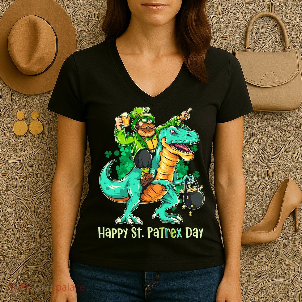 Funny Happy St. PaTREX Day Leprechaun Riding Trex Dinosaur Women's V-Neck T-Shirt