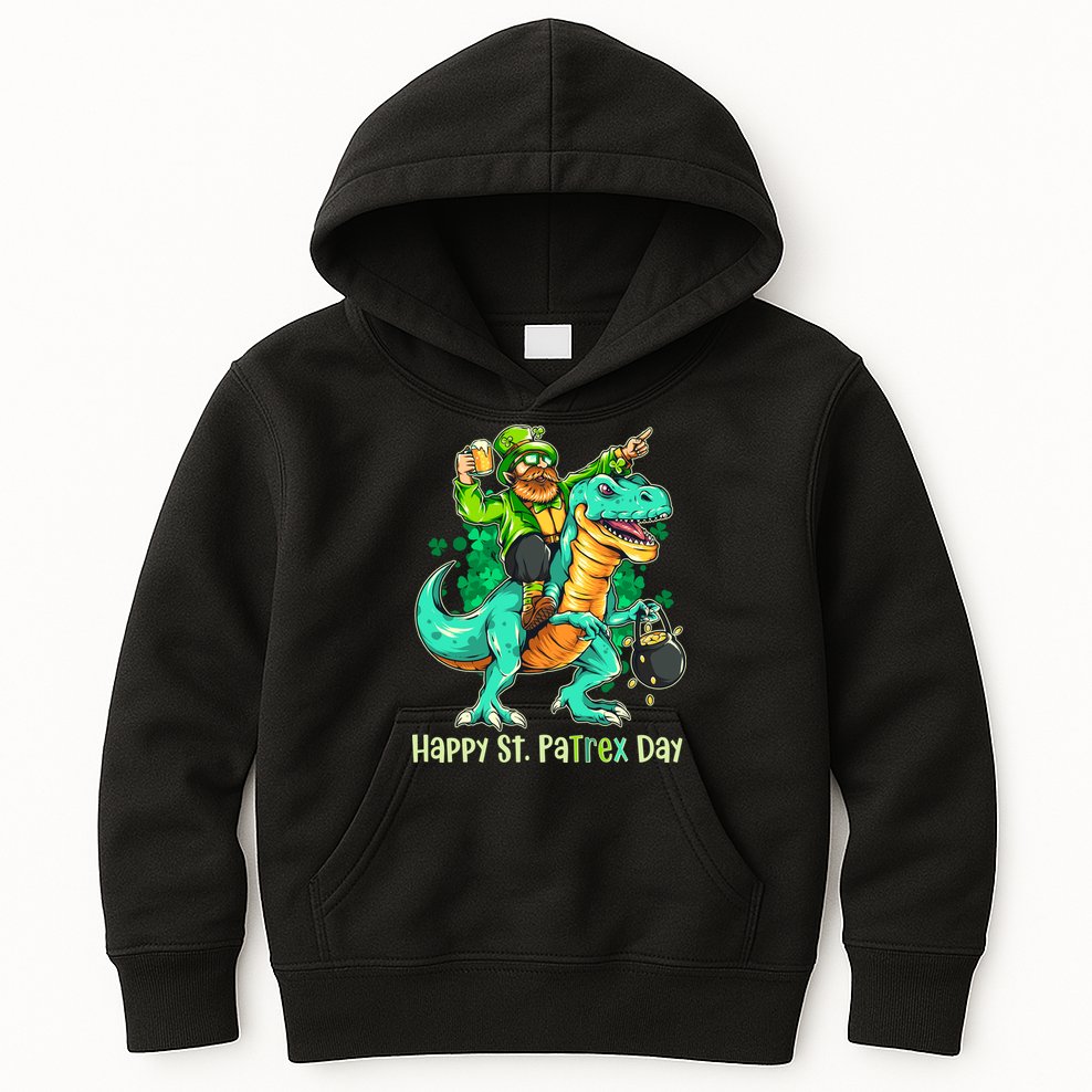 Funny Happy St. PaTREX Day Leprechaun Riding Trex Dinosaur Kids Hoodie