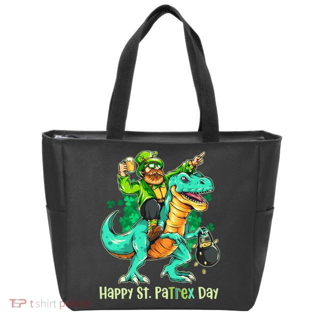 Funny Happy St. PaTREX Day Leprechaun Riding Trex Dinosaur Zip Tote Bag