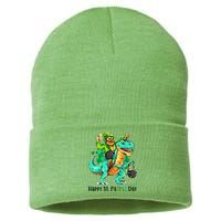 Funny Happy St. PaTREX Day Leprechaun Riding Trex Dinosaur Sustainable Knit Beanie