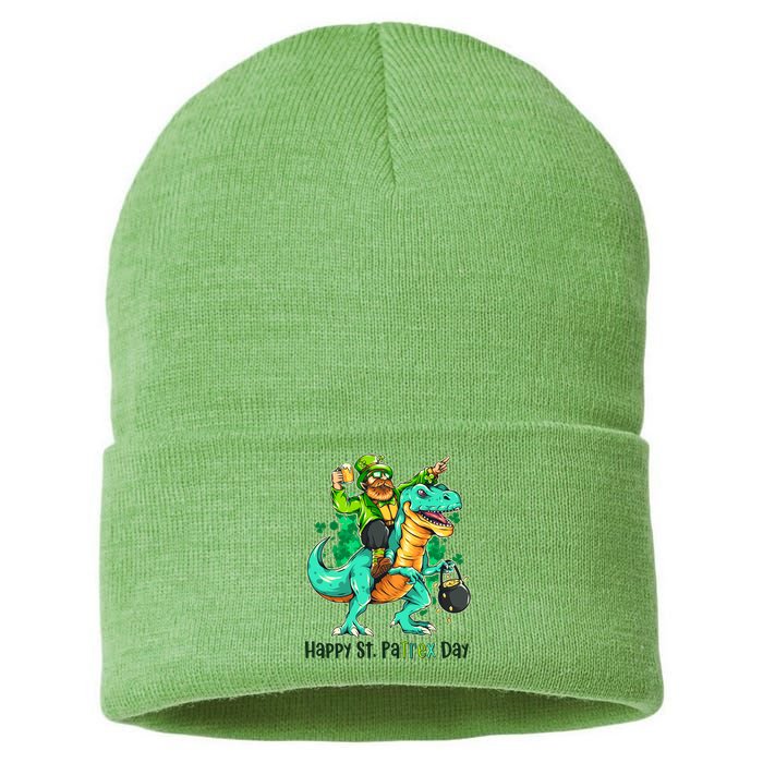 Funny Happy St. PaTREX Day Leprechaun Riding Trex Dinosaur Sustainable Knit Beanie