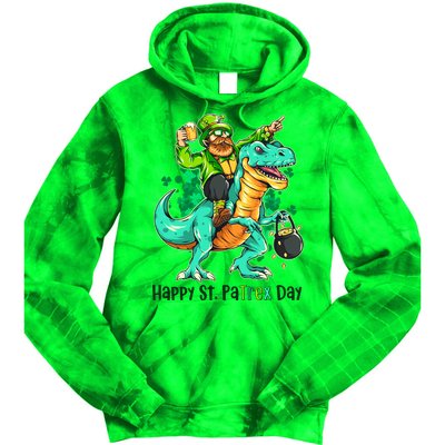 Funny Happy St. PaTREX Day Leprechaun Riding Trex Dinosaur Tie Dye Hoodie