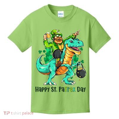 Funny Happy St. PaTREX Day Leprechaun Riding Trex Dinosaur Kids T-Shirt