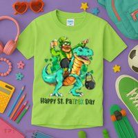 Funny Happy St. PaTREX Day Leprechaun Riding Trex Dinosaur Kids T-Shirt