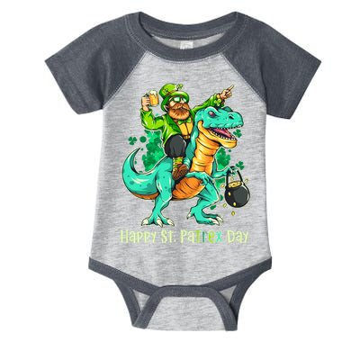 Funny Happy St. PaTREX Day Leprechaun Riding Trex Dinosaur Infant Baby Jersey Bodysuit