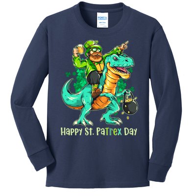 Funny Happy St. PaTREX Day Leprechaun Riding Trex Dinosaur Kids Long Sleeve Shirt