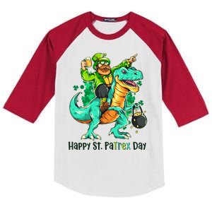 Funny Happy St. PaTREX Day Leprechaun Riding Trex Dinosaur Kids Colorblock Raglan Jersey