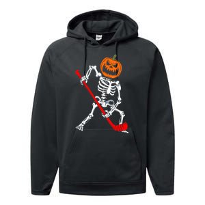 Funny Halloween Skeleton Ice Hockey Pumpkin Hockey Sport Gift Performance Fleece Hoodie