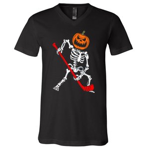 Funny Halloween Skeleton Ice Hockey Pumpkin Hockey Sport Gift V-Neck T-Shirt