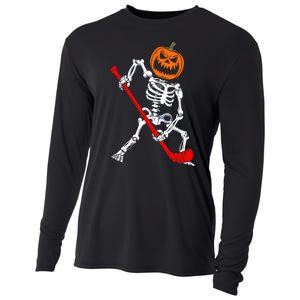 Funny Halloween Skeleton Ice Hockey Pumpkin Hockey Sport Gift Cooling Performance Long Sleeve Crew