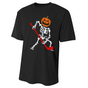 Funny Halloween Skeleton Ice Hockey Pumpkin Hockey Sport Gift Performance Sprint T-Shirt