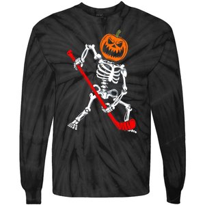 Funny Halloween Skeleton Ice Hockey Pumpkin Hockey Sport Gift Tie-Dye Long Sleeve Shirt