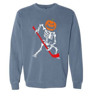 Funny Halloween Skeleton Ice Hockey Pumpkin Hockey Sport Gift Garment-Dyed Sweatshirt