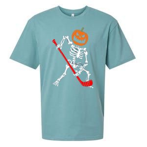 Funny Halloween Skeleton Ice Hockey Pumpkin Hockey Sport Gift Sueded Cloud Jersey T-Shirt