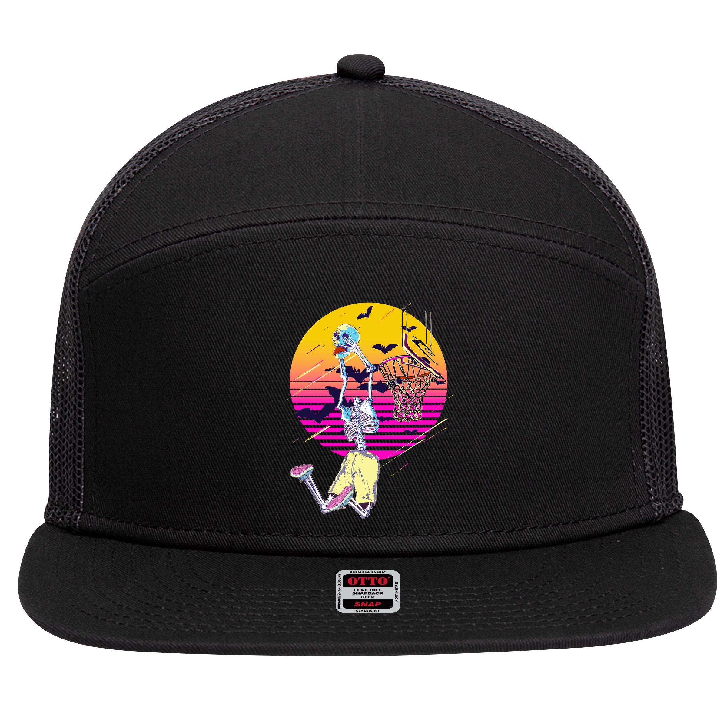 Funny Halloween Skeleton Basketball Player Dunking Skull 7 Panel Mesh Trucker Snapback Hat